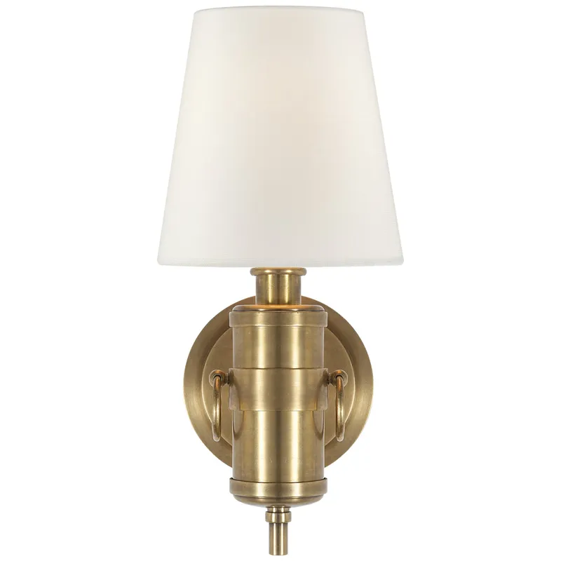 Thomas O'Brien Jonathan Sconce in Hand-Rubbed Antique Brass with Linen Shade Wall Light W6" x H13.5"