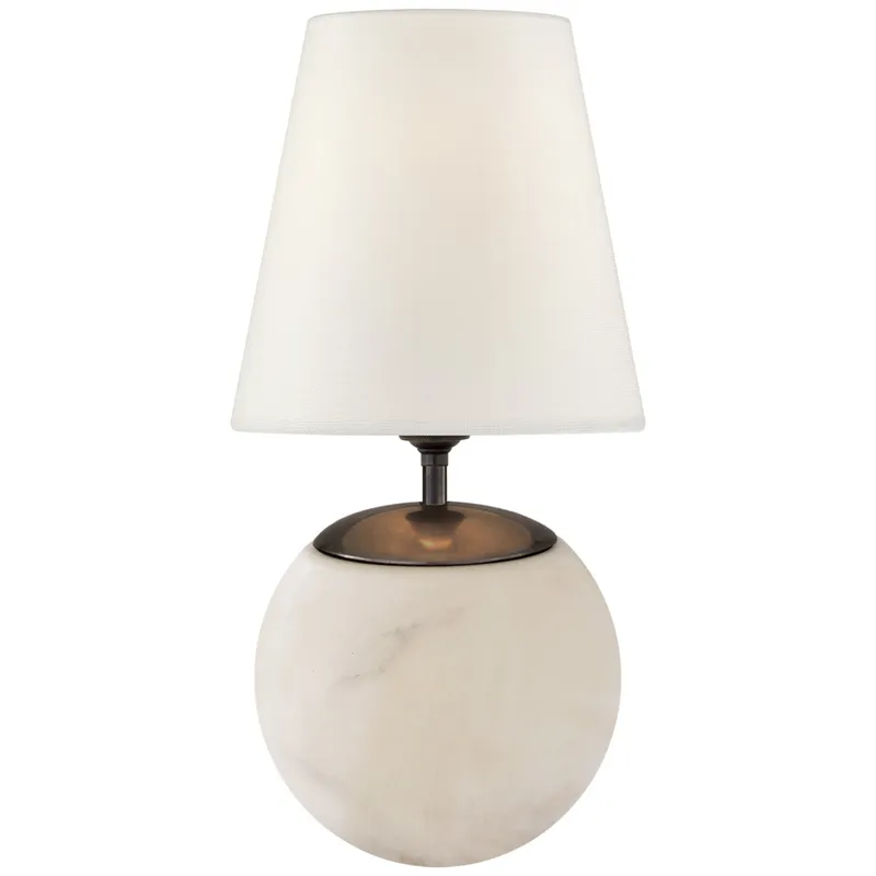 Thomas O'Brien Terri Large Round Table Lamp in Alabaster with Linen Shade W8" x H15"