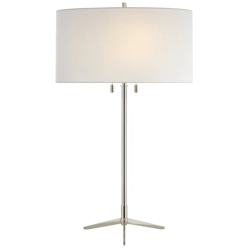 Thomas O'Brien Caron Table Lamp in Polished Nickel with Linen Shade W16" x H26.5"