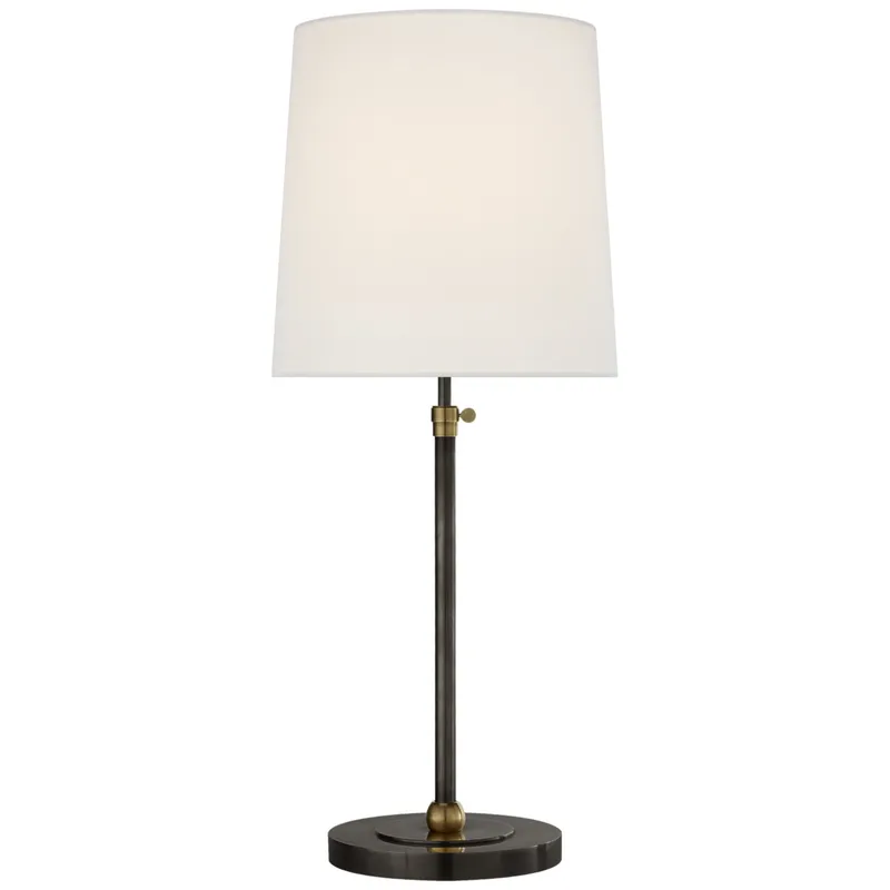 Thomas O'Brien Bryant Large Table Lamp in Bronze and Hand-Rubbed Antique Brass with Linen Shade W12" x H27.5" - 31.5"