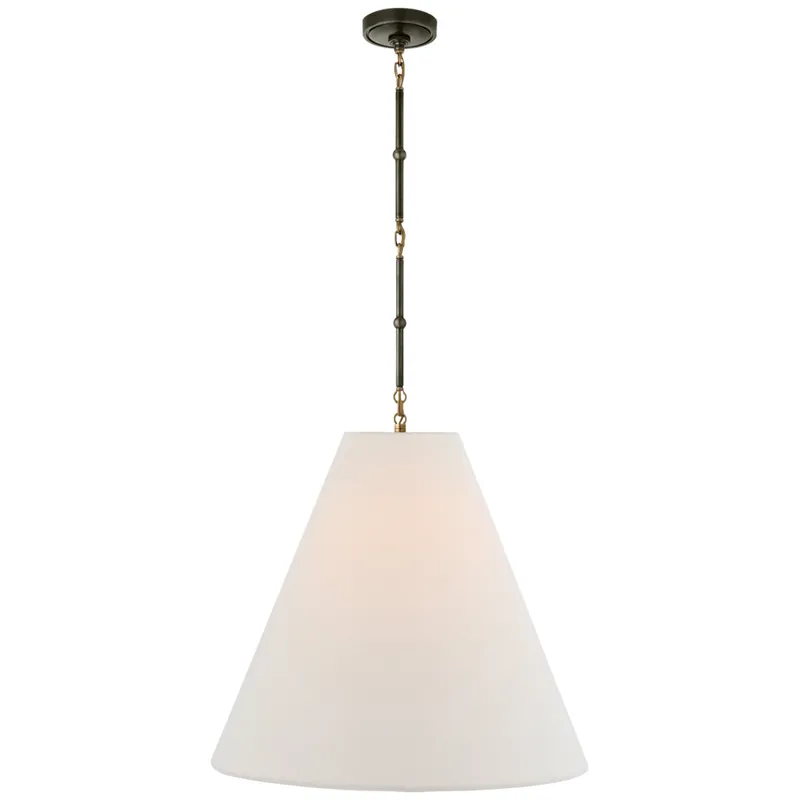 Thomas O'Brien Goodman Large Hanging Lamp in Bronze and Hand-Rubbed Antique Brass with Linen Shade Ceiling Light W24"