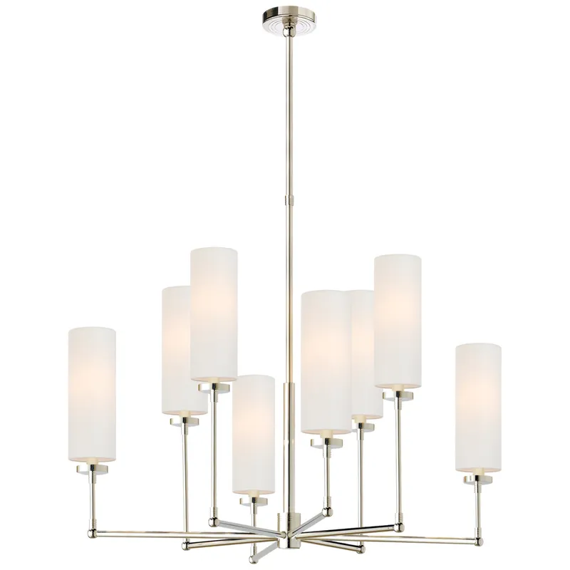 Thomas O'Brien Ziyi Large Chandelier in Polished Nickel with Linen Shades Ceiling Light W33.5"