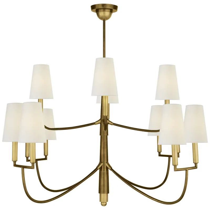 Thomas O'Brien Farlane Large Chandelier in Hand-Rubbed Antique Brass with Linen Shades Ceiling Light W48.5"