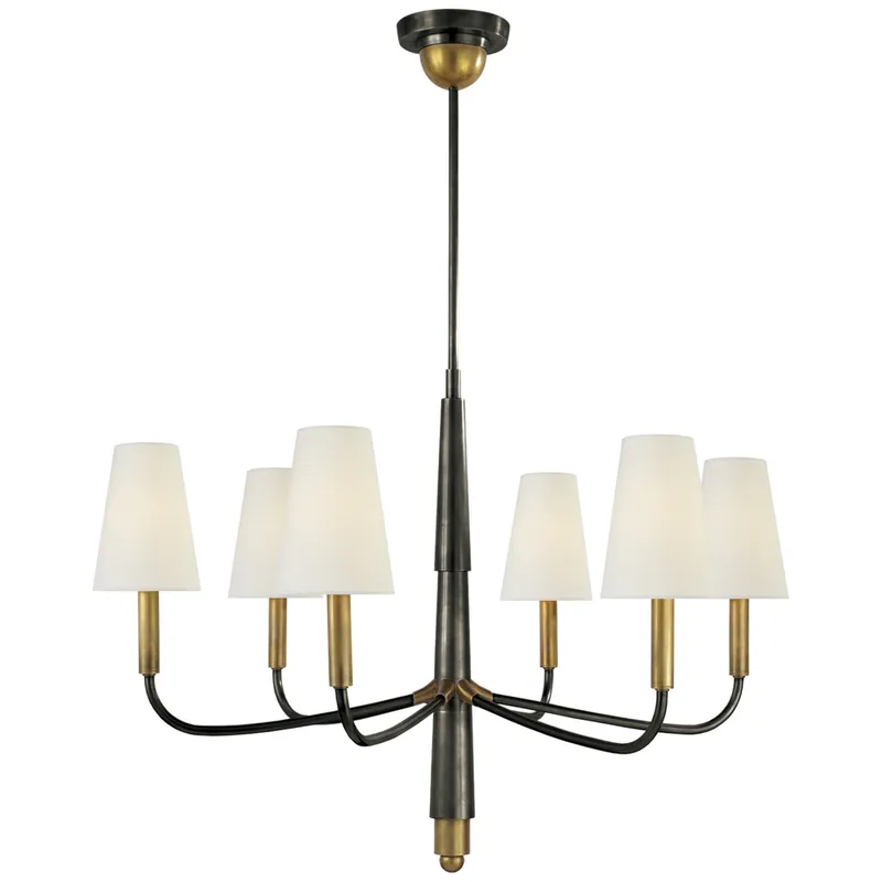 Thomas O'Brien Farlane Small Chandelier in Bronze and Hand-Rubbed Antique Brass with Linen Shades Ceiling Light W33"
