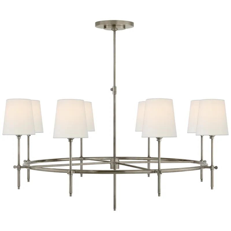 Thomas O'Brien Bryant Large Ring Chandelier in Antique Nickel with Linen Shades Ceiling Light W41"