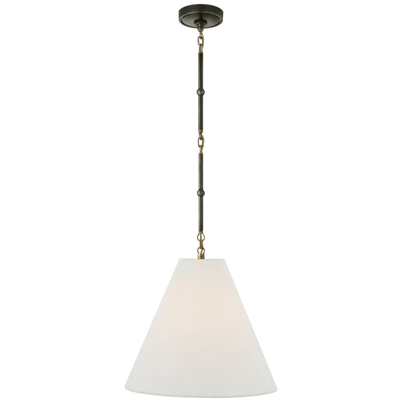 Thomas O'Brien Goodman Small Hanging Light in Bronze and Hand-Rubbed Antique Brass with Linen Shade Ceiling Light W15"