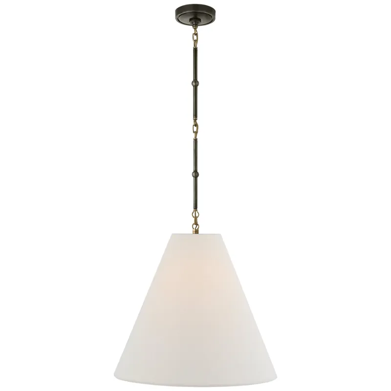 Thomas O'Brien Goodman Medium Hanging Light in Bronze and Hand-Rubbed Antique Brass with Linen Shade Ceiling Light W18"