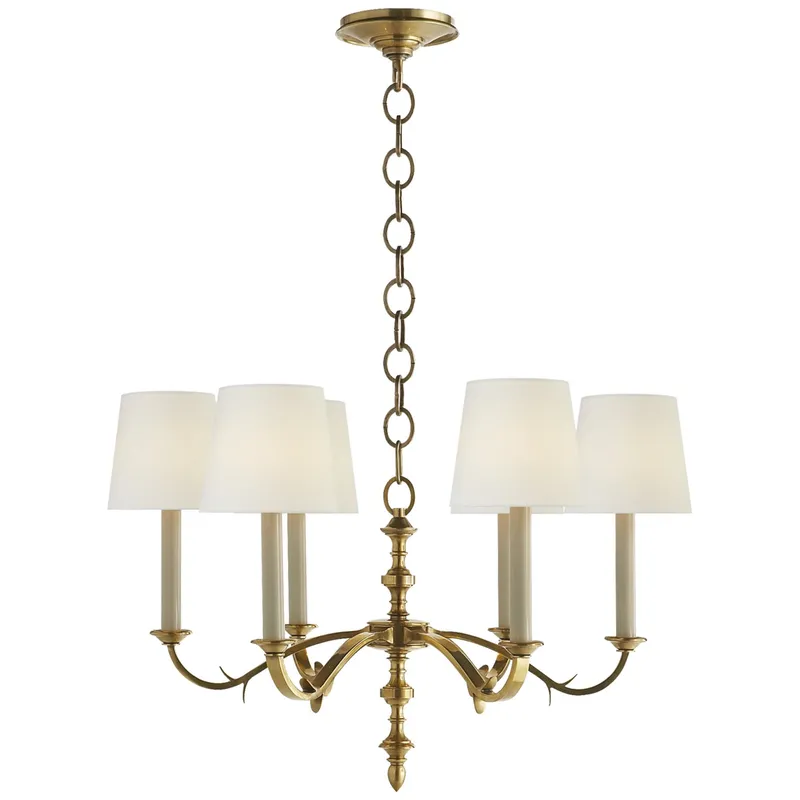 Thomas O'Brien Channing Small Chandelier in Hand-Rubbed Antique Brass with Linen Shades Ceiling Light W28" x H18.5"
