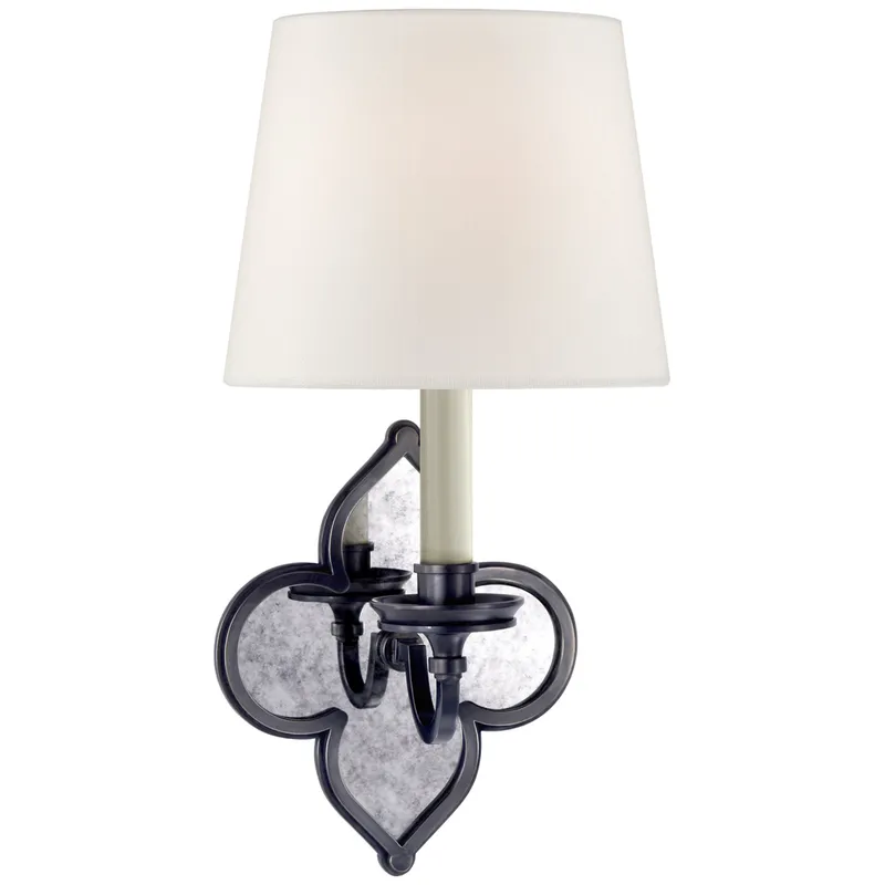 Alexa Hampton Lana Single Sconce in Gun Metal and Antique Mirror with Linen Shade Wall Light W6.5" x H13.75"