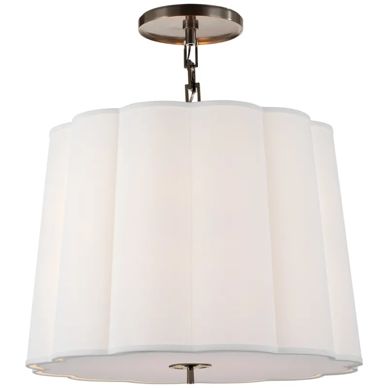 Barbara Barry Simple Scallop Large Hanging Shade in Bronze with Linen Shade Ceiling Light W25" x H21"