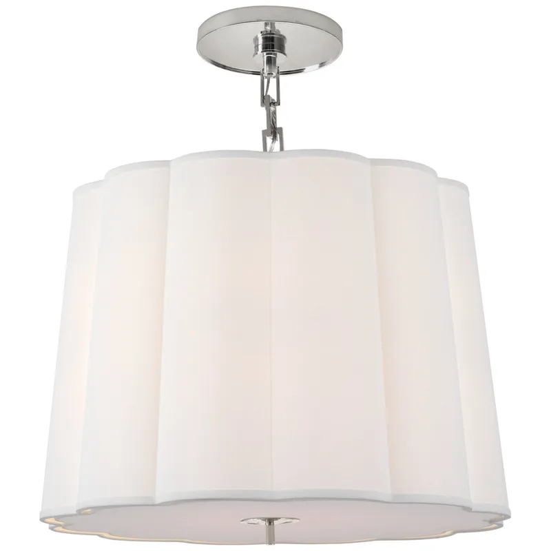 Barbara Barry Simple Scallop Large Hanging Shade in Soft Silver with Linen Shade Ceiling Light W25" x H21"