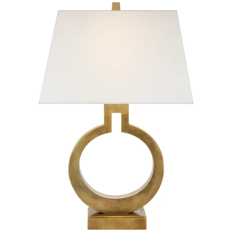 Chapman & Myers Ring Form Small Table Lamp in Antique-Burnished Brass with Linen Shade W13.5" x H21"