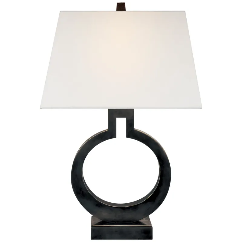 Chapman & Myers Ring Form Small Table Lamp in Bronze with Linen Shade W13.5" x H21"