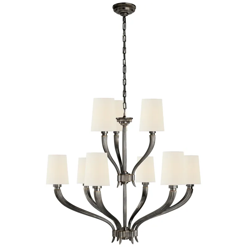 Chapman & Myers Ruhlmann 2-Tier Chandelier in Bronze with Linen Shades Ceiling Light W35.5" x H30.75"
