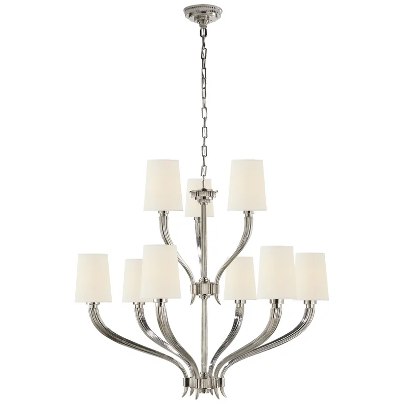 Chapman & Myers Ruhlmann 2-Tier Chandelier in Polished Nickel with Linen Shades Ceiling Light W35.5" x H30.75"