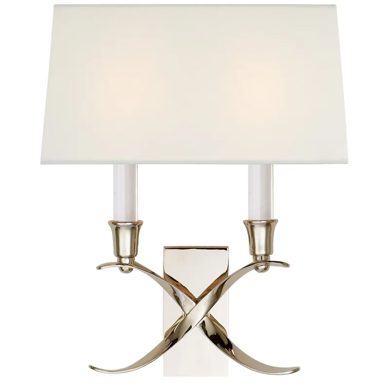 Chapman & Myers Cross Bouillotte Small Sconce in Polished Nickel with Linen Shade Wall Light W11.5" x H12.75"