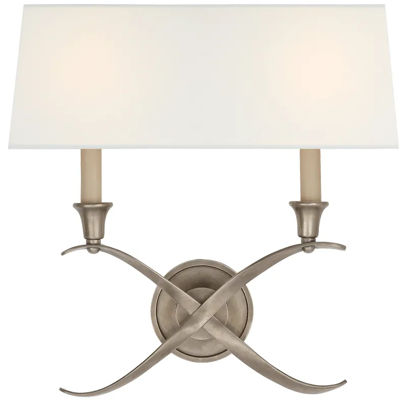 Chapman & Myers Cross Bouillotte Large Sconce in Antique Nickel with Linen Shade Wall Light W15.5" x H15"