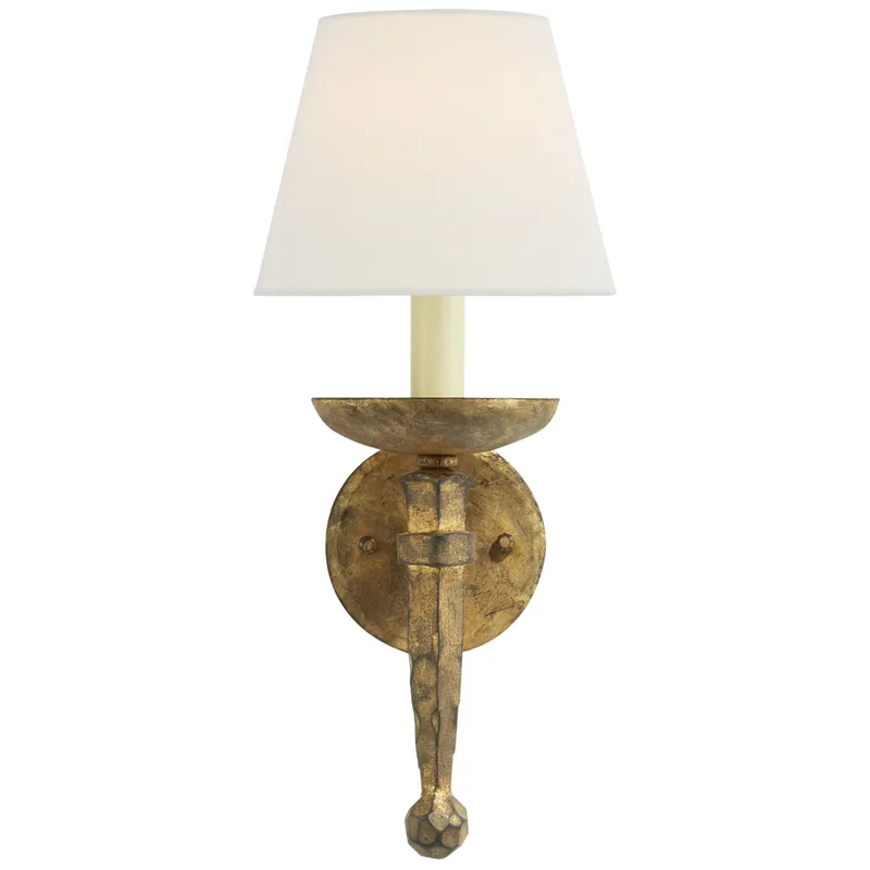 Chapman & Myers Iron Torch Sconce in Gilded Iron with Linen Shade Wall Light W8" x H18"