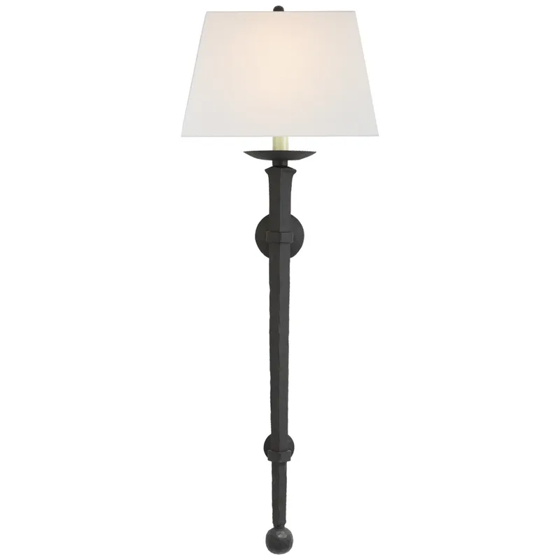Chapman & Myers Long Iron Torch in Black Rust with Linen Shade Wall Light W13.5" x H36.5"