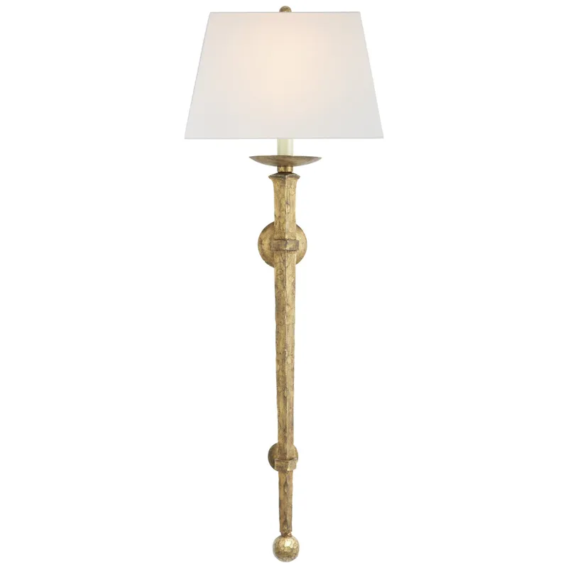 Chapman & Myers Long Iron Torch in Gilded Iron with Linen Shade Wall Light W13.5" x H36.5"