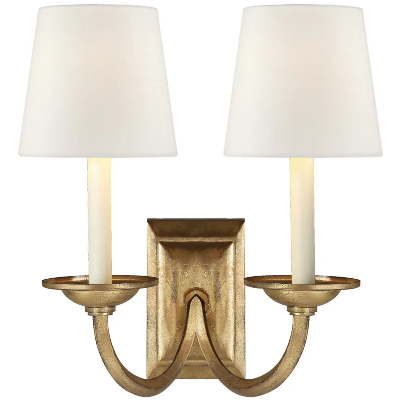 Chapman & Myers Flemish Double Sconce in Gilded Iron with Linen Shades Wall Light W12.5" x H15"