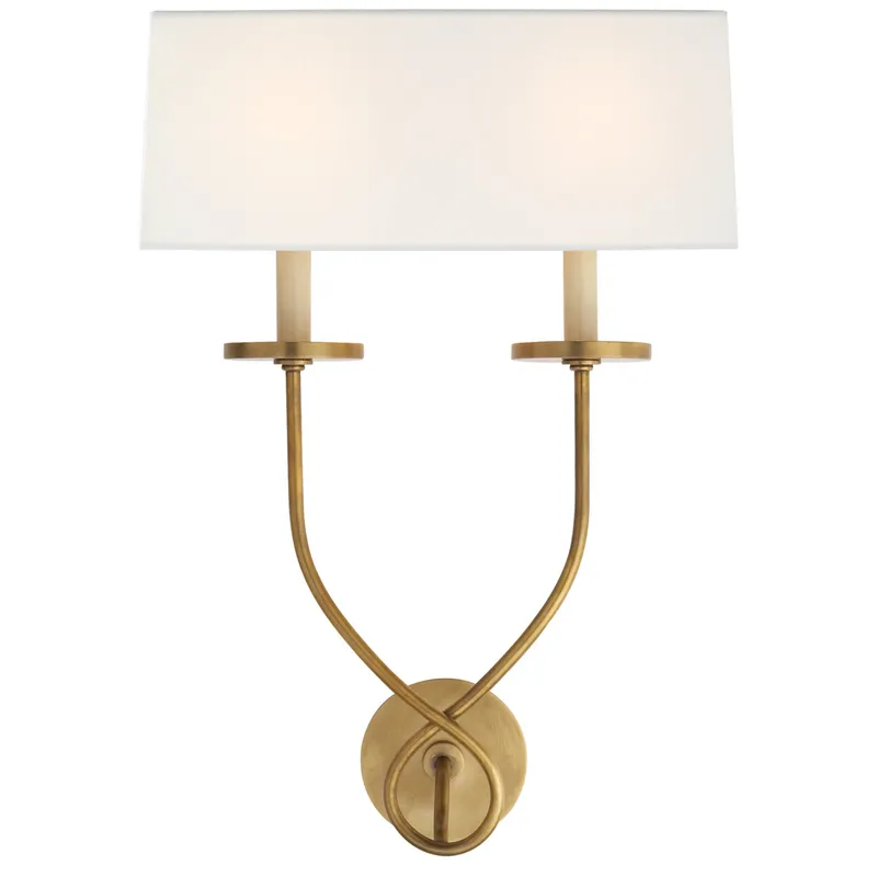 Chapman & Myers Symmetric Twist Double Sconce in Antique-Burnished Brass with Linen Shade Wall Light W14.5" x H20.25"
