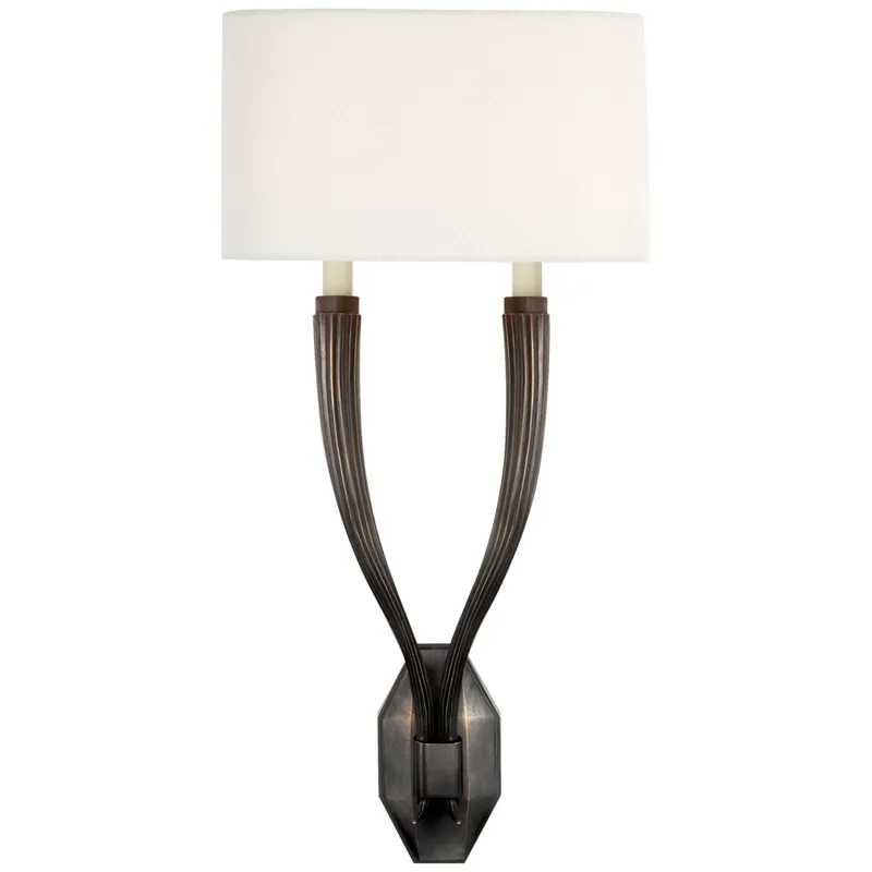 Chapman & Myers Ruhlmann Double Sconce in Bronze with Linen Shade Wall Light W10.75" x H22.5"