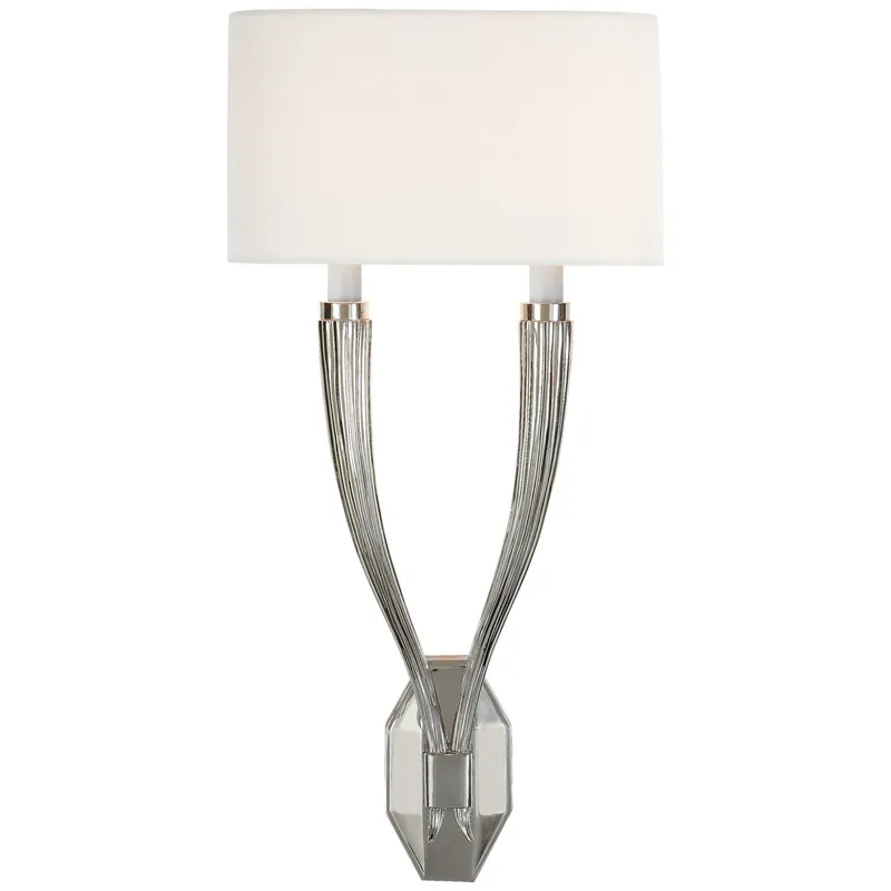 Chapman & Myers Ruhlmann Double Sconce in Polished Nickel with Linen Shade Wall Light W10.75" x H22.5"