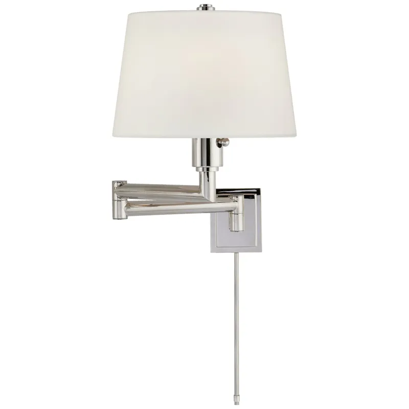 Chapman & Myers Chunky Swing Arm in Polished Nickel with Linen Shade Wall Light W26.25" x H18.25"