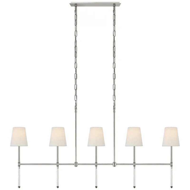 Suzanne Kasler Camille Medium Linear Chandelier in Polished Nickel with Linen Shades Ceiling Light W53.25" x H26"