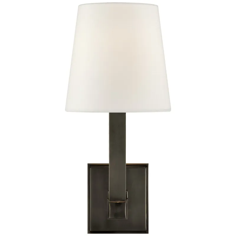 Chapman & Myers Square Tube Single Sconce in Bronze with Linen Shade Wall Light W6.25" x H14.25"