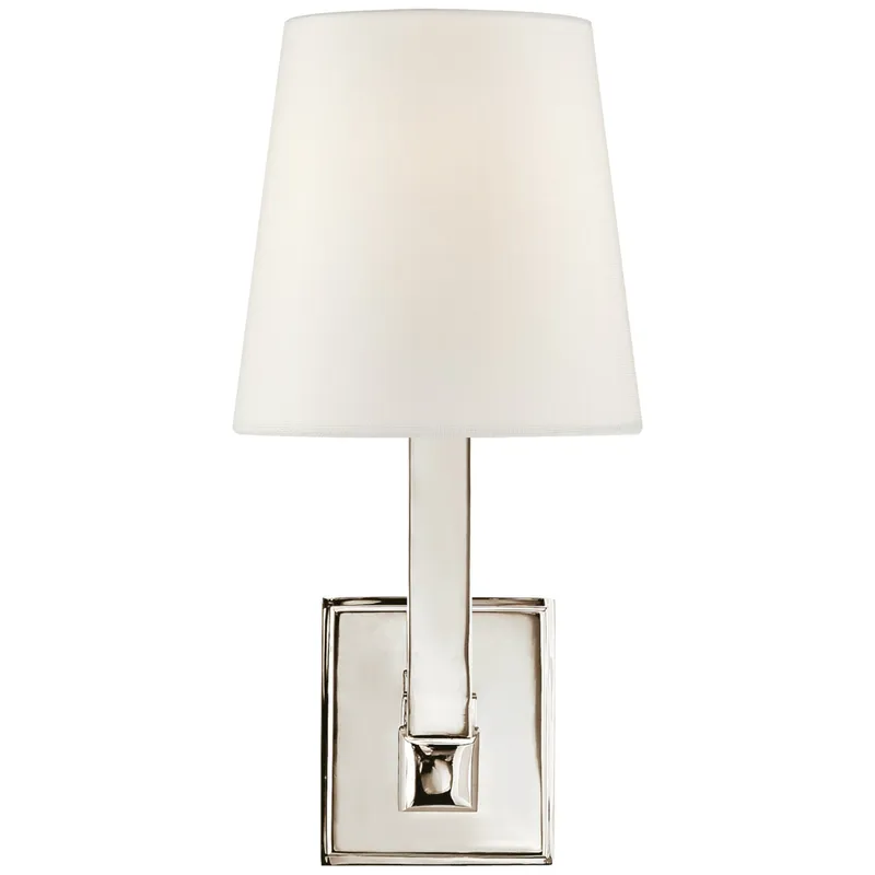 Chapman & Myers Square Tube Single Sconce in Polished Nickel with Linen Shade Wall Light W6.25" x H14.25"