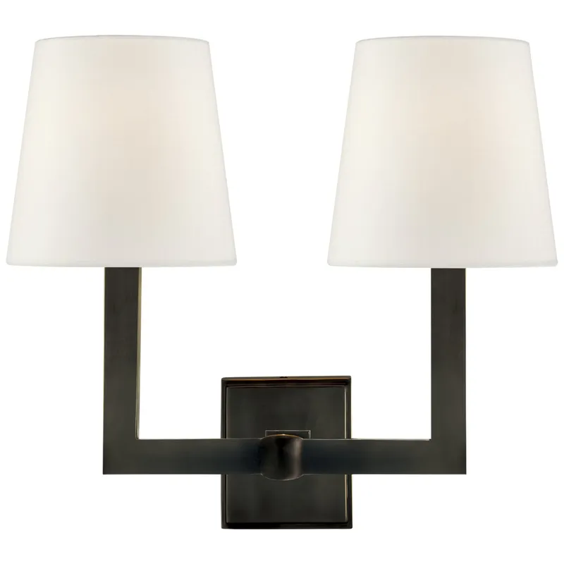 Chapman & Myers Square Tube Double Sconce in Bronze with Linen Shades Wall Light W15" x H14"