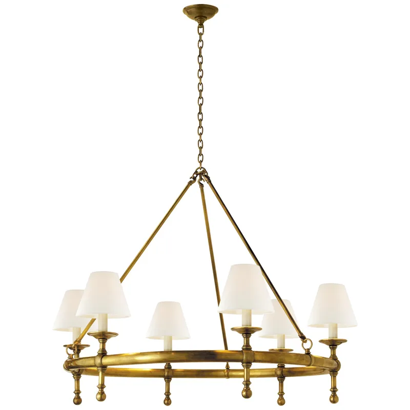 Chapman & Myers Classic Ring Chandelier in Hand-Rubbed Antique Brass with Linen Shades Ceiling Light W38.5"