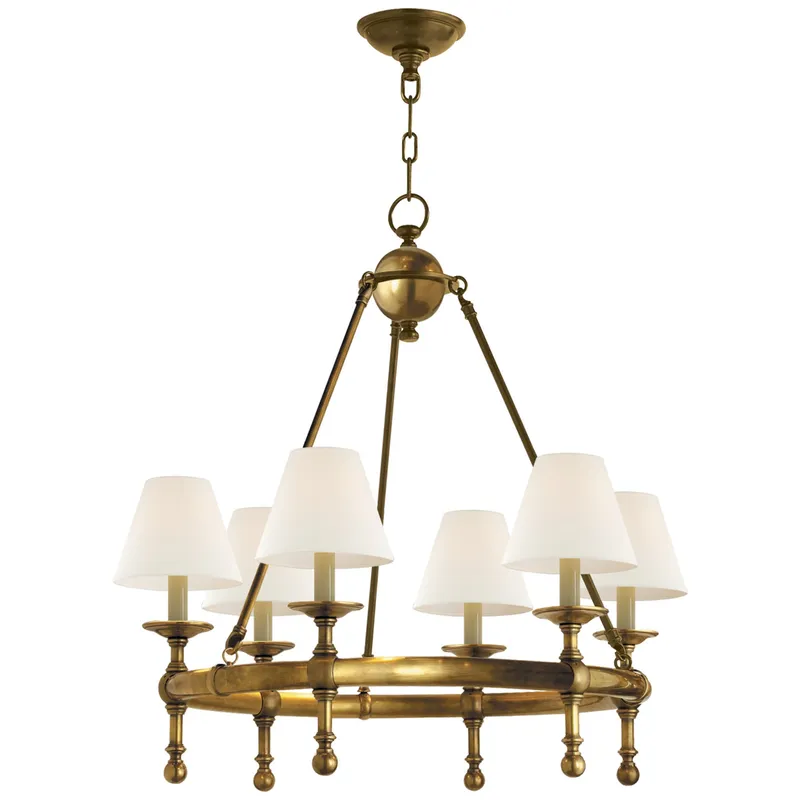 Chapman & Myers Classic Mini Ring Chandelier in Hand-Rubbed Antique Brass with Linen Shades Ceiling Light W28"