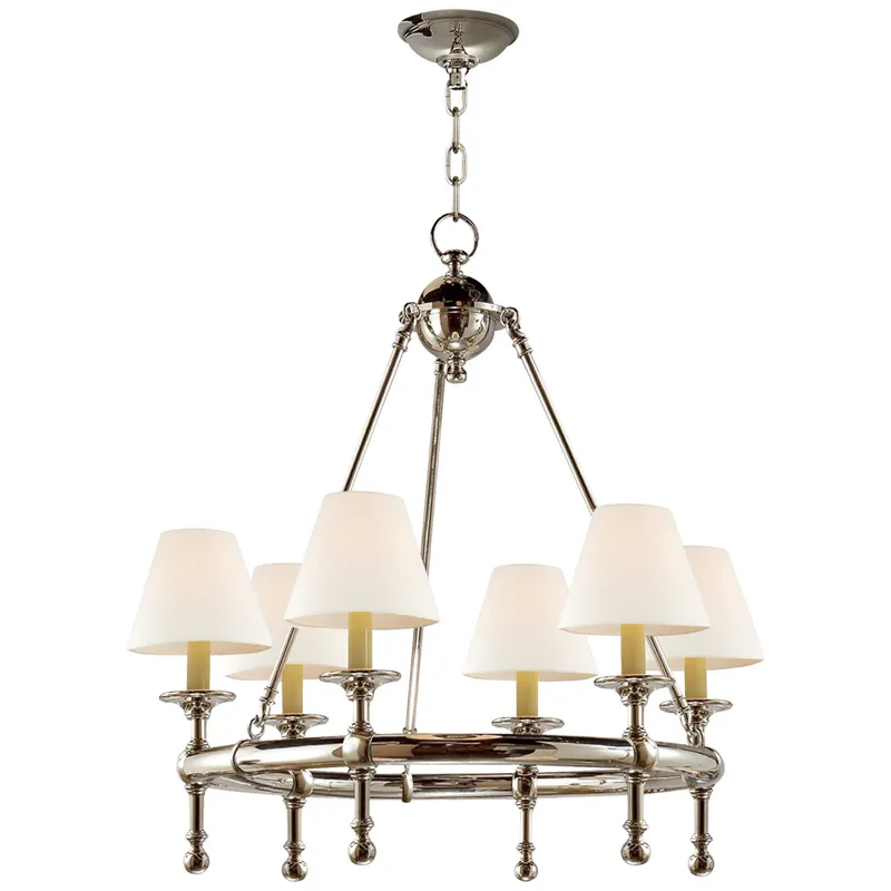 Chapman & Myers Classic Mini Ring Chandelier in Polished Nickel with Linen Shades Ceiling Light W28"