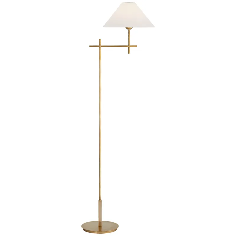 J. Randall Powers Hackney Bridge Arm Floor Lamp in Hand-Rubbed Antique Brass with Linen Shade W11.75" x H52"