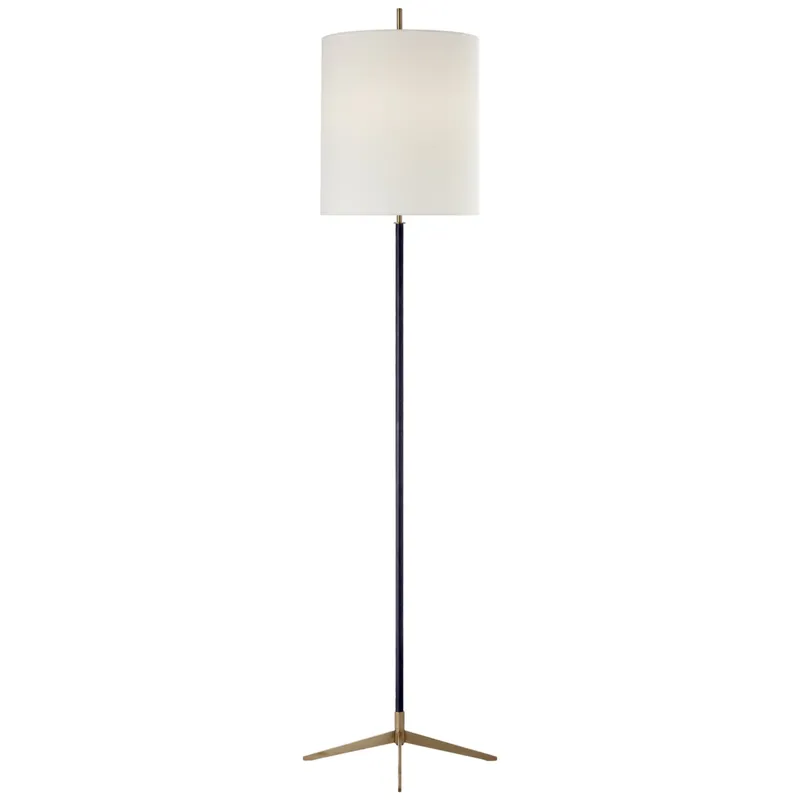 Thomas O'Brien Caron Floor Lamp in Bronze and Hand-Rubbed Antique Brass with Linen Shade W16" x H67.5"