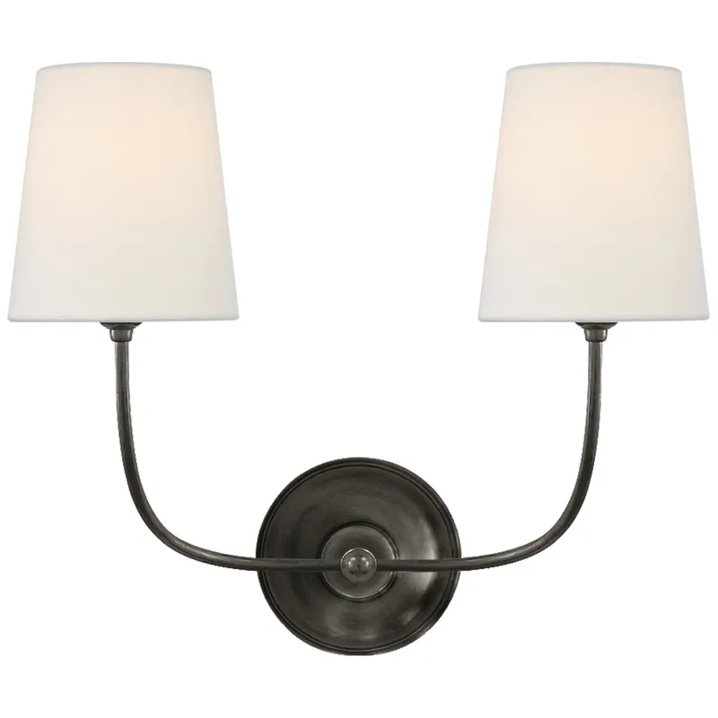 Thomas O'Brien Vendome Double Sconce in Bronze with Linen Shades Wall Light W17.75" x H14"