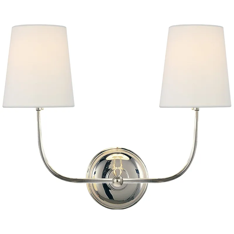 Thomas O'Brien Vendome Double Sconce in Polished Nickel with Linen Shades Wall Light W17.75" x H14"