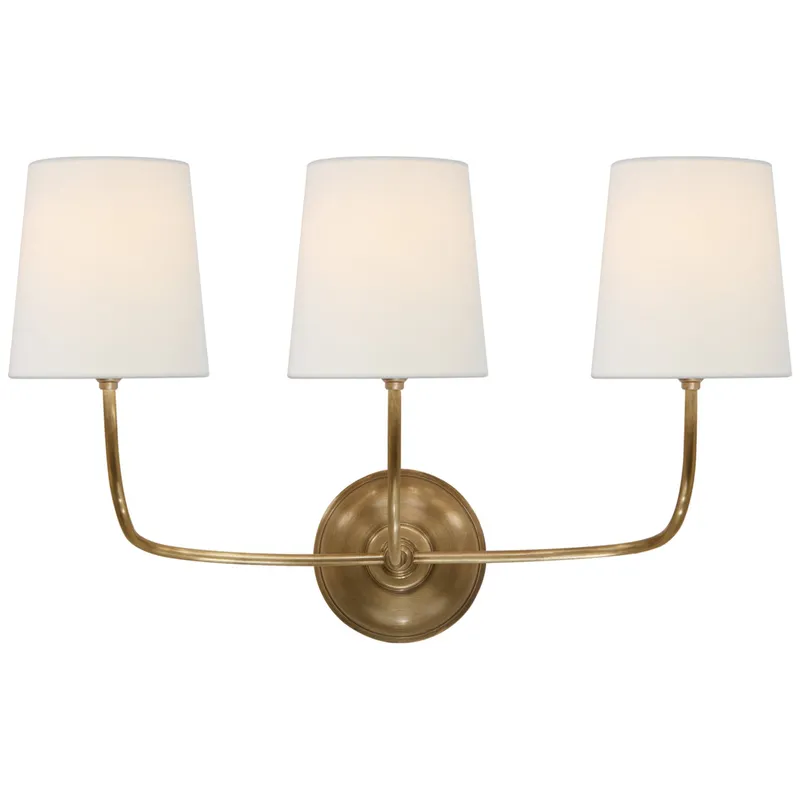 Thomas O'Brien Vendome Triple Sconce in Hand-Rubbed Antique Brass with Linen Shades Wall Light W22" x H14"