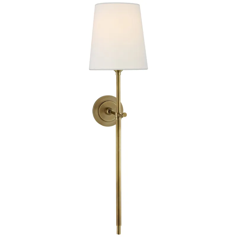 Thomas O'Brien Bryant Large Tail Sconce in Hand-Rubbed Antique Brass with Linen Shade Wall Light W6.5" x H26.5"