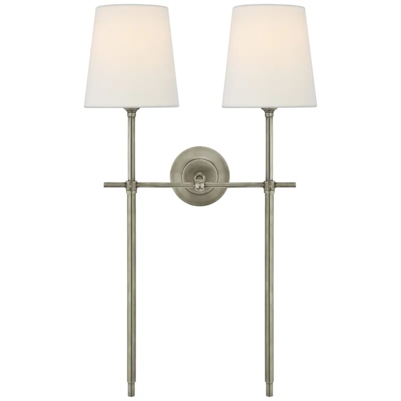 Thomas O'Brien Bryant Large Double Tail Sconce in Antique Nickel with Linen Shades Wall Light W16" x H26.5"