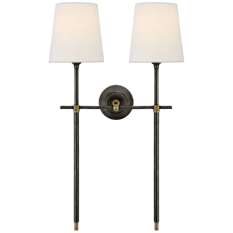 Thomas O'Brien Bryant Large Double Tail Sconce in Bronze and Hand-Rubbed Antique Brass with Linen Shades Wall Light W16" x H26.5"