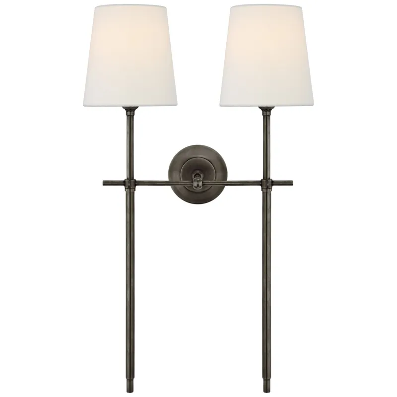 Thomas O'Brien Bryant Large Double Tail Sconce in Bronze with Linen Shades Wall Light W16" x H26.5"