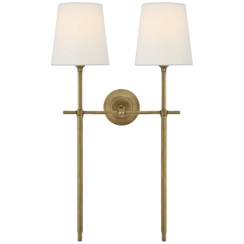 Thomas O'Brien Bryant Large Double Tail Sconce in Hand-Rubbed Antique Brass with Linen Shades Wall Light W16" x H26.5"