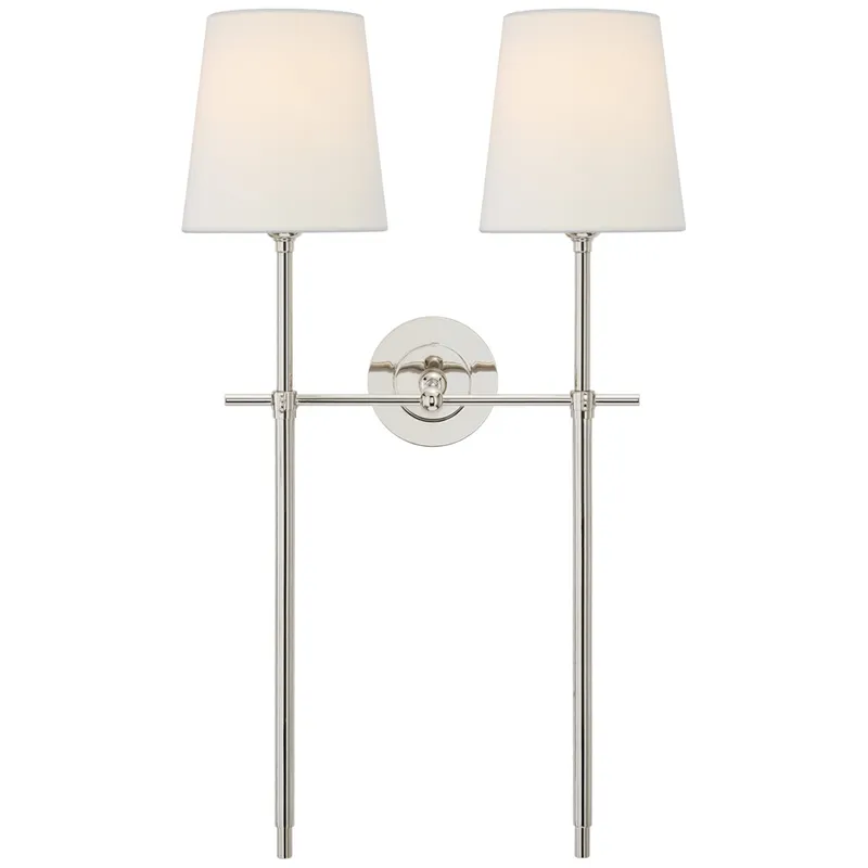 Thomas O'Brien Bryant Large Double Tail Sconce in Polished Nickel with Linen Shades Wall Light W16" x H26.5"