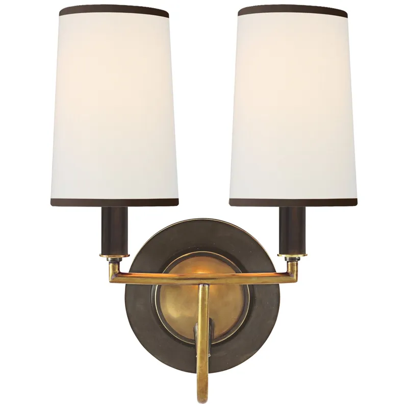 Thomas O'Brien Elkins Double Sconce in Bronze and Hand-Rubbed Antique Brass with Linen Shades with Black Trim Wall Light W10" x H13.25"