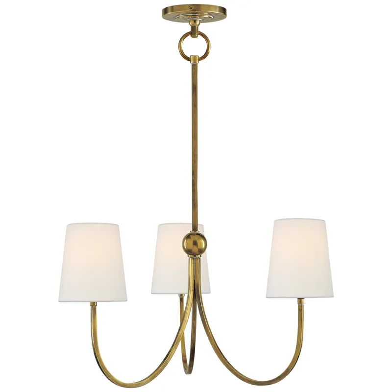 Thomas O'Brien Reed Small Chandelier in Hand-Rubbed Antique Brass with Linen Shades Ceiling Light W20"