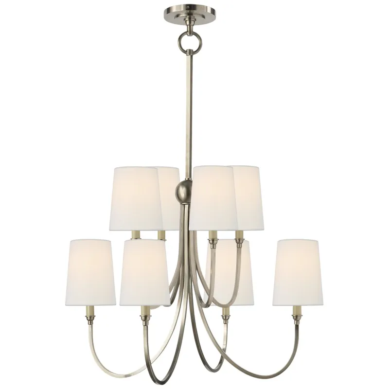 Thomas O'Brien Reed Large Chandelier in Antique Nickel with Linen Shades Ceiling Light W26.5"